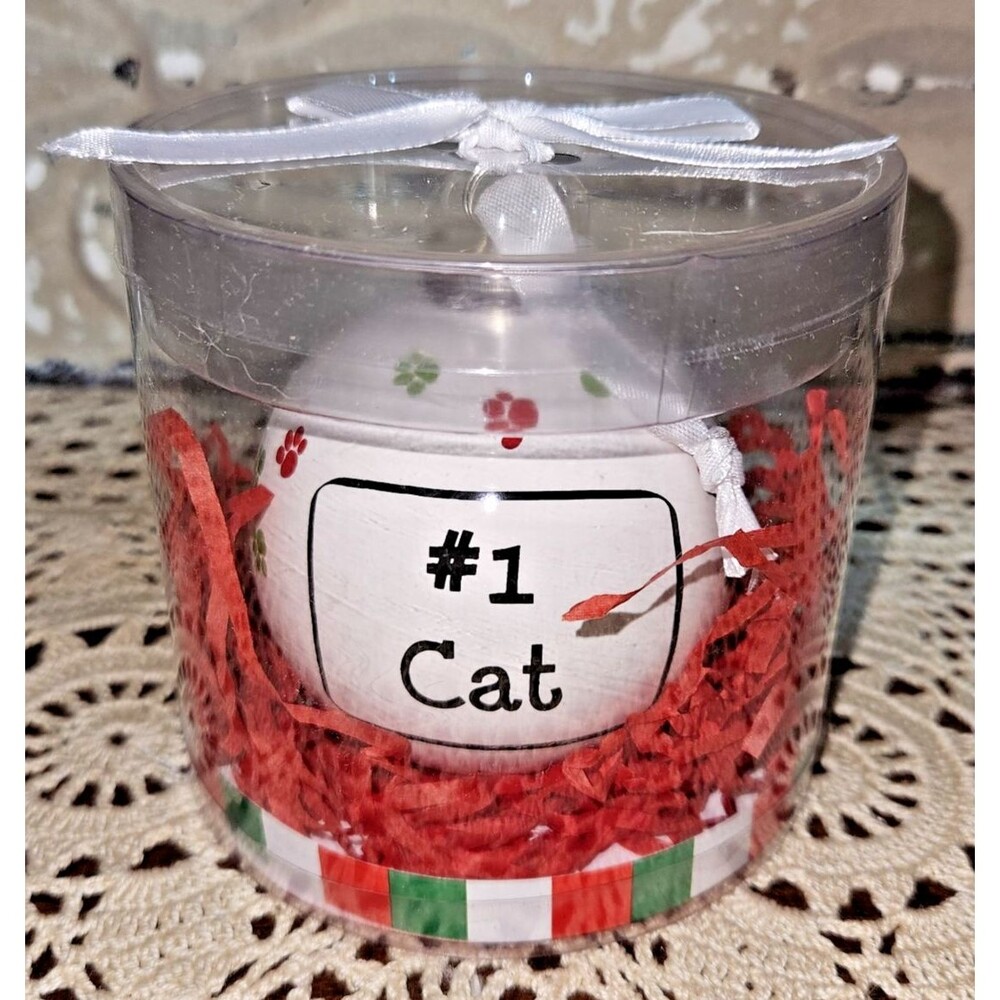 NIB Tumbleweed "#1 Cat" White Christmas Tree Ball Ornament Colorful Paw Prints